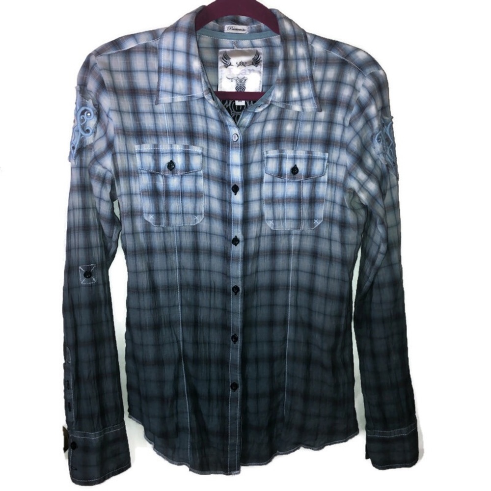 Roar Women’s Gradient Rhinestone Plaid Button Down Shirt